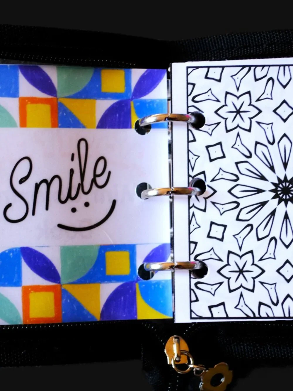 Mini Coloring Book Set, Abstract Designs, Handmade, 3 ring binder, zipper cover